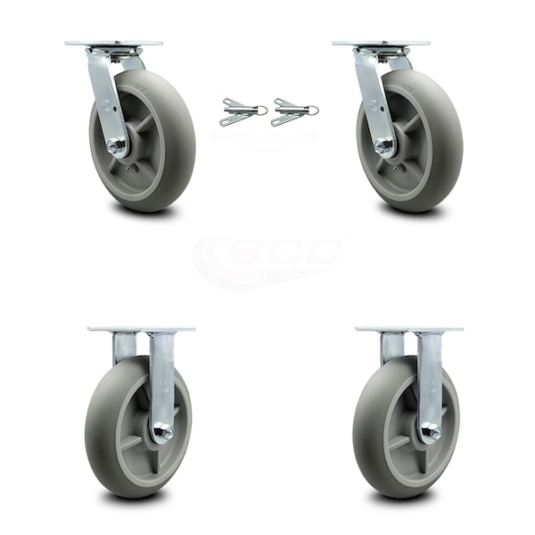 8 Inch Thermoplastic Rubber Caster Set with Ball Bearings 2 Swivel Lock 2 Rigid